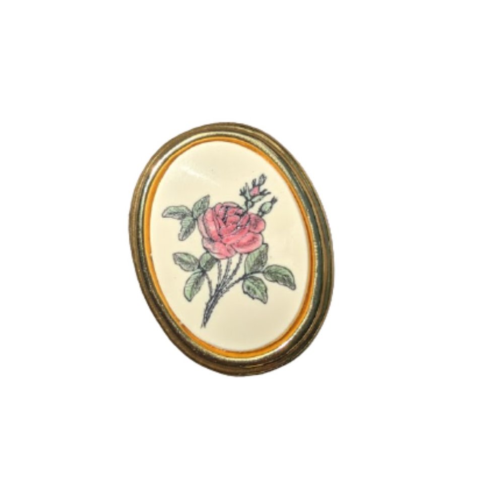 Vintage Rose Ceramic Scrimshaw Brooch Barlow
